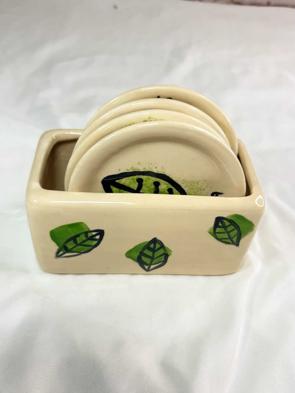 Hand-Painted Ceramic Leaf Coaster Set in Cream and Green